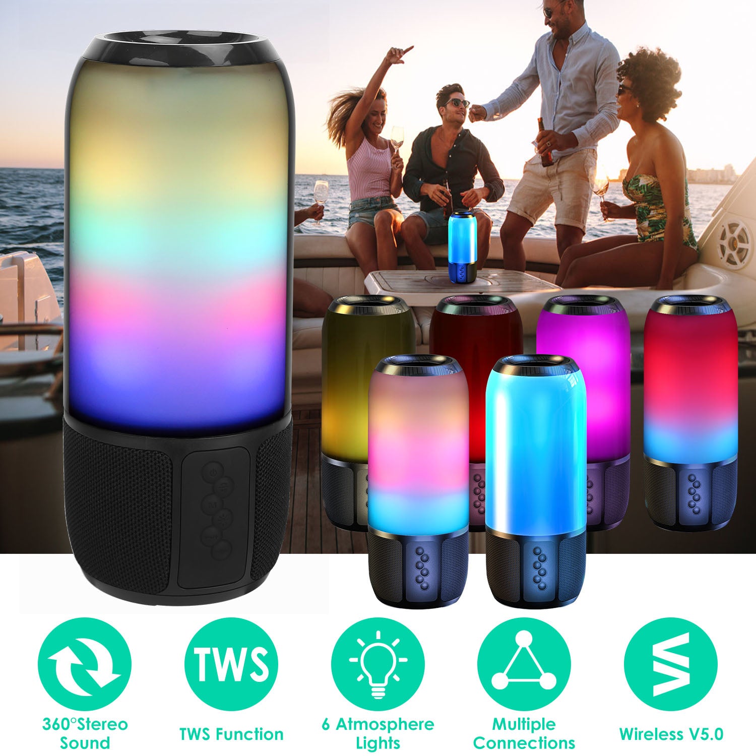 360 Speaker™ – Stereo Sound w/ RGB Light Show (Dual Pairing)